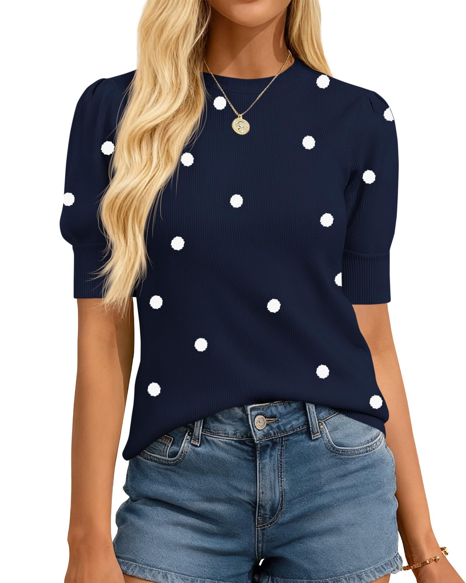 btfbm Womens Sweaters Polka Dot Short Sleeve Sweater for Women Crew Neck Knit Summer Tops Business Dressy Casual Blouses-picture-57