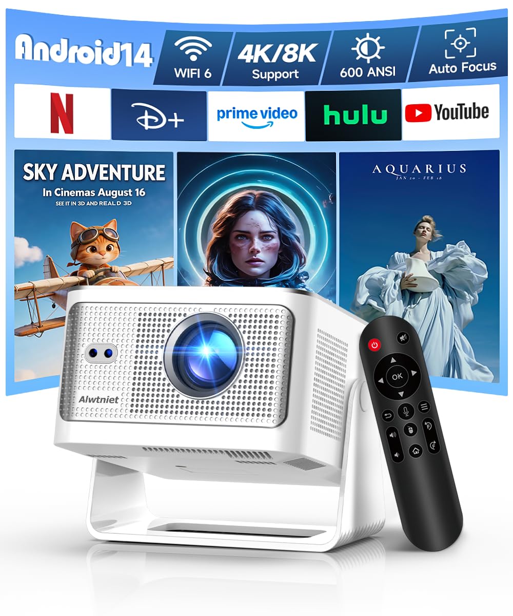 Alwtniet Proiettore Portatile 4K 8K [1080P Nativo e App Integrate] Mini Videoproiettore WiFi 6 Bluetooth 5.4 Android 14 Auto Keystone 6D/Auto Evita Ostacoli per Telefono, Smart TV, HDMI,USB HY350 Max