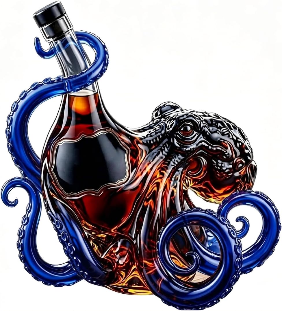 Artistic Octopus Shaped Glass Decanter, Borosilicate Glass Liquor Bottle, 3D Deep Sea Decorative Tentacle Sculpture, Unique Bar Home Decor Collectible Gift for Men Marine Lovers