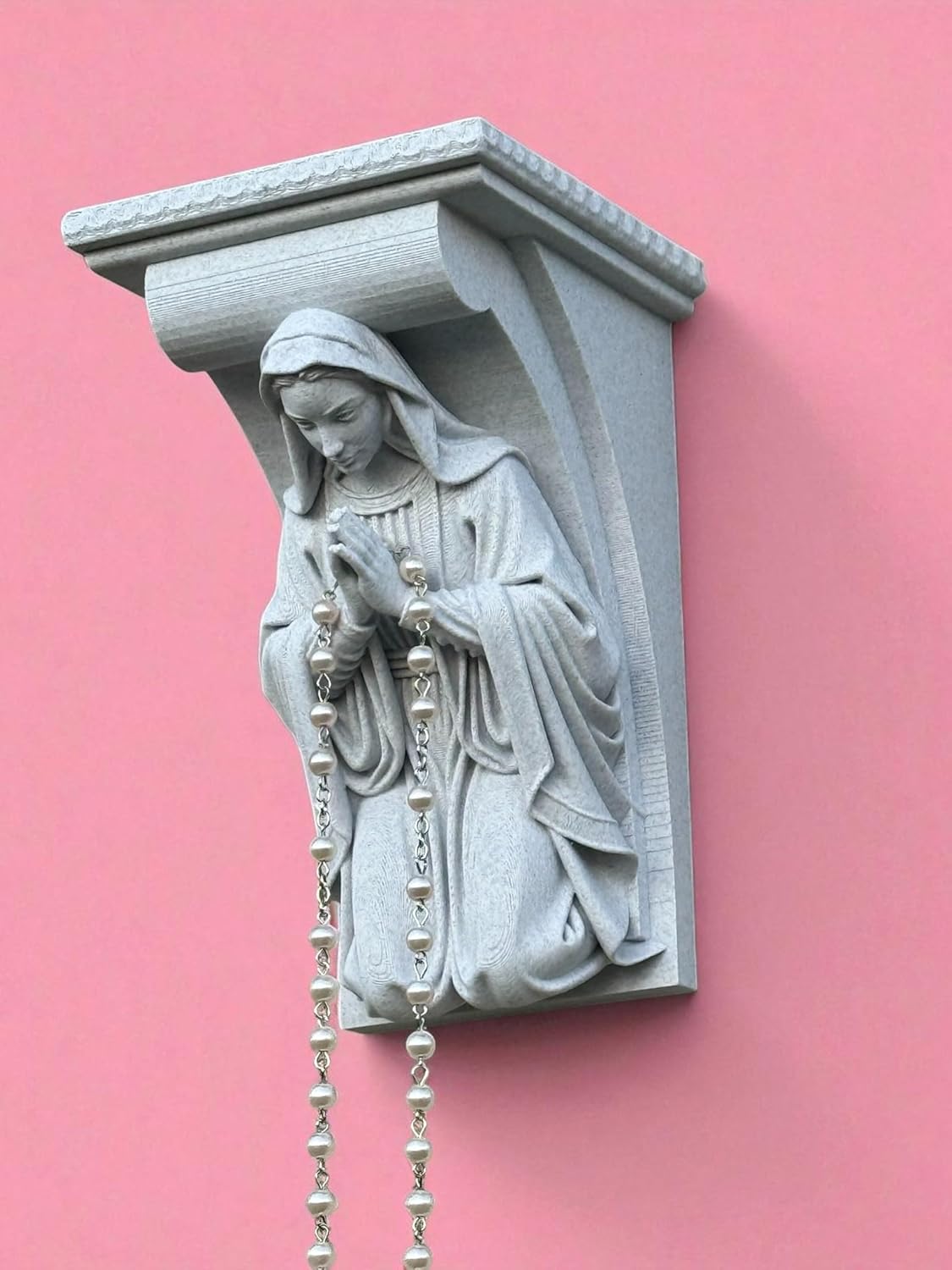 Virgin Mary Floating Wall Shelf, Virgencita Rosary Holder, Lady Guadalupe, Boho Bathroom Decor, Bedroom Wall Art, and Church Kitchen Holy Décor, Home décor Accents (White Marble Stone)