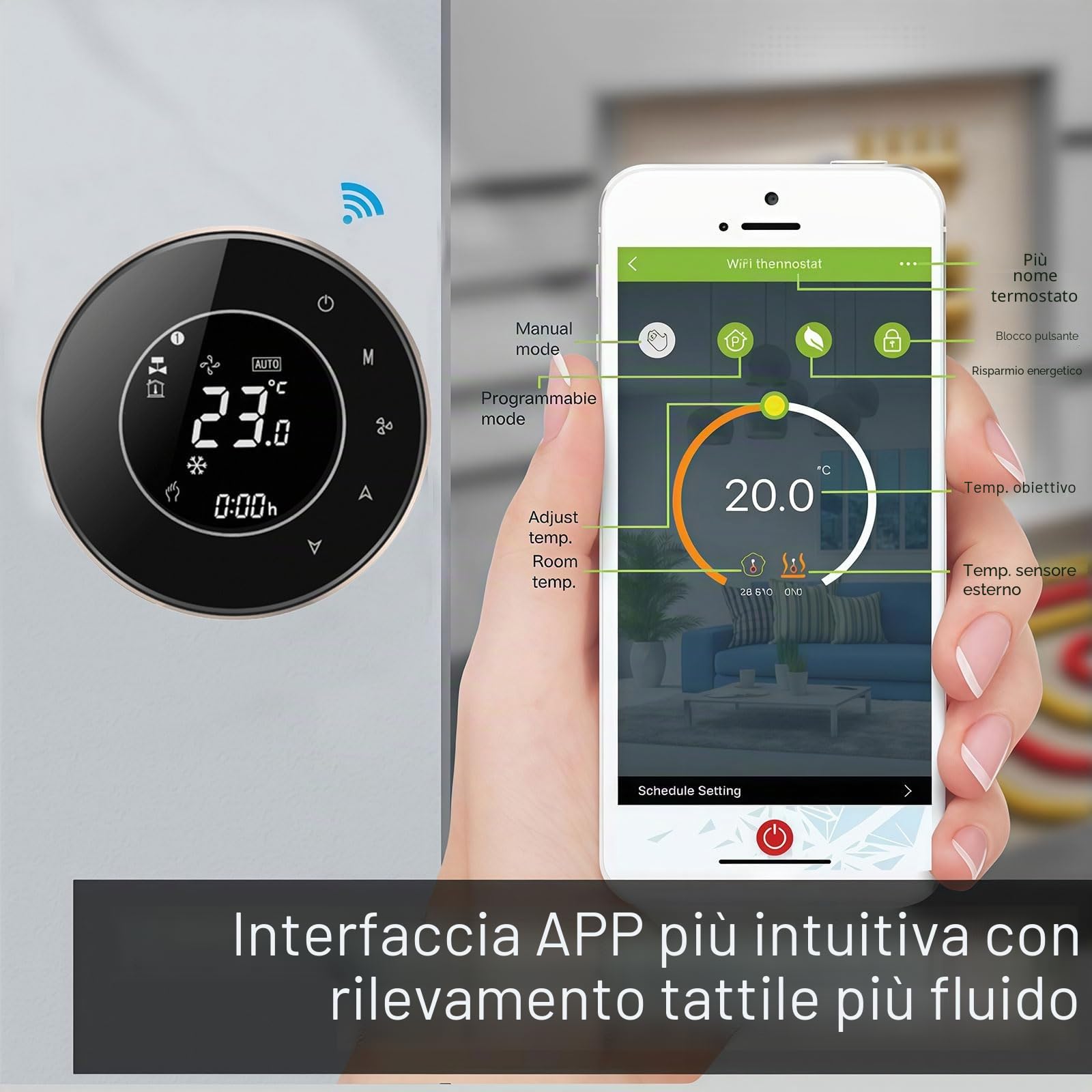 6000 Serie Wi-Fi Termostato- Termostato Touchscreen Programmabile per Riscaldamento o Raffreddamento - Controllo Remoto da Cellulare Compatibile con Alexa, Google Home e IFTTT