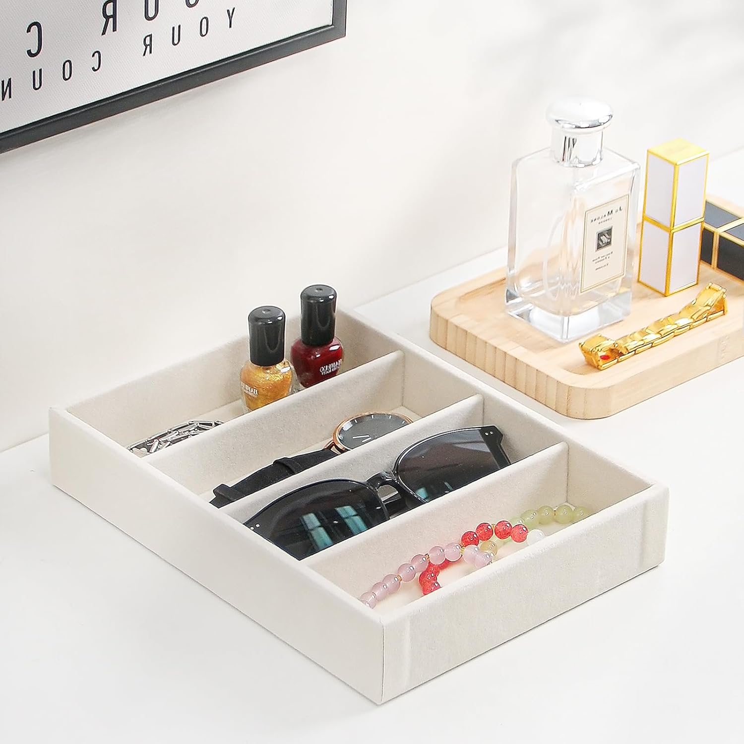Byken 2 Pcs Sunglasses Organizer,4 Grid Eyeglass Jewelry Storage Tray for Drawer,Beige White - Image 4