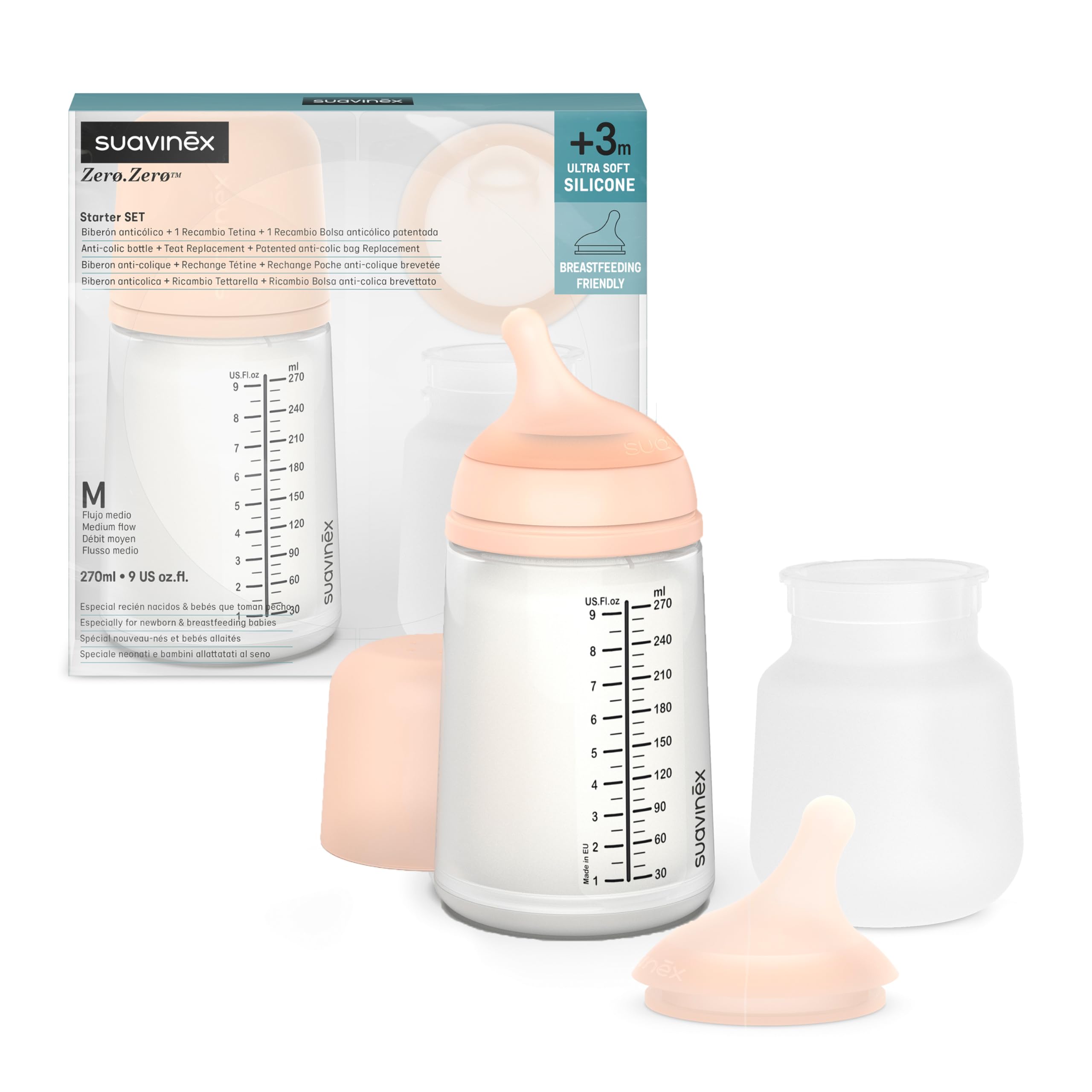 Zerø.Zerø Medium Flow Bottle + Teat + Silicone Bag 270 ml