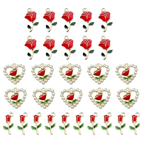 30PCS 3D Rose Flower Enamel Alloy Pendants, 3 Styles Red