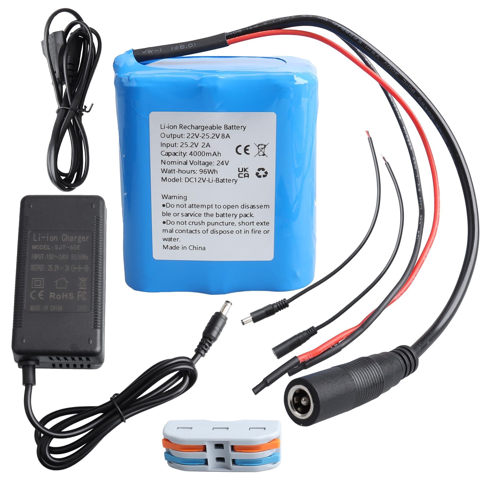 Batería recargable de litio de 24 V y 4000 mAh, cargador y conector de cable, batería para proyectos de bricolaje, luces solares de calle, cámara CCTV, altavoz, pulverizador, barco de tren de