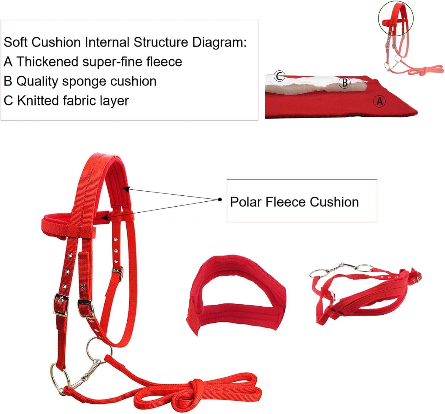 Red Horse Reins Side Pull Bridle for Horses Adjustable Horse Bridle Rein Harness Headstalls Double-Deck Design Horse bit with Soft Cushion & Plated Ring Horse Bit Cabezadas y Riendas