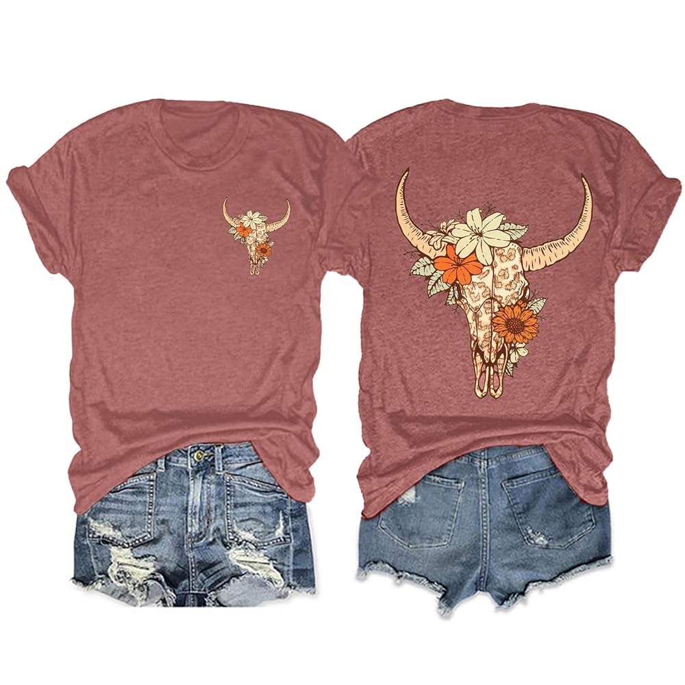 Anbech Women Cow Skull Shirt Western Rodeo Graphic Tees