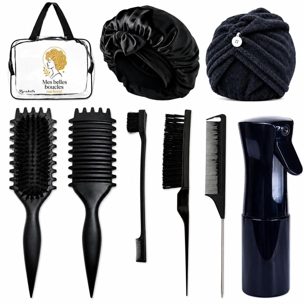 kit complet Cheveux bouclés/frisés/crépus/ondulés .Brosse définition-spray cheveux 200ml-bonnet satin-serviette microfibre-accessoires-brosse massante cuir chevelu-Routine Anti-frisottis.