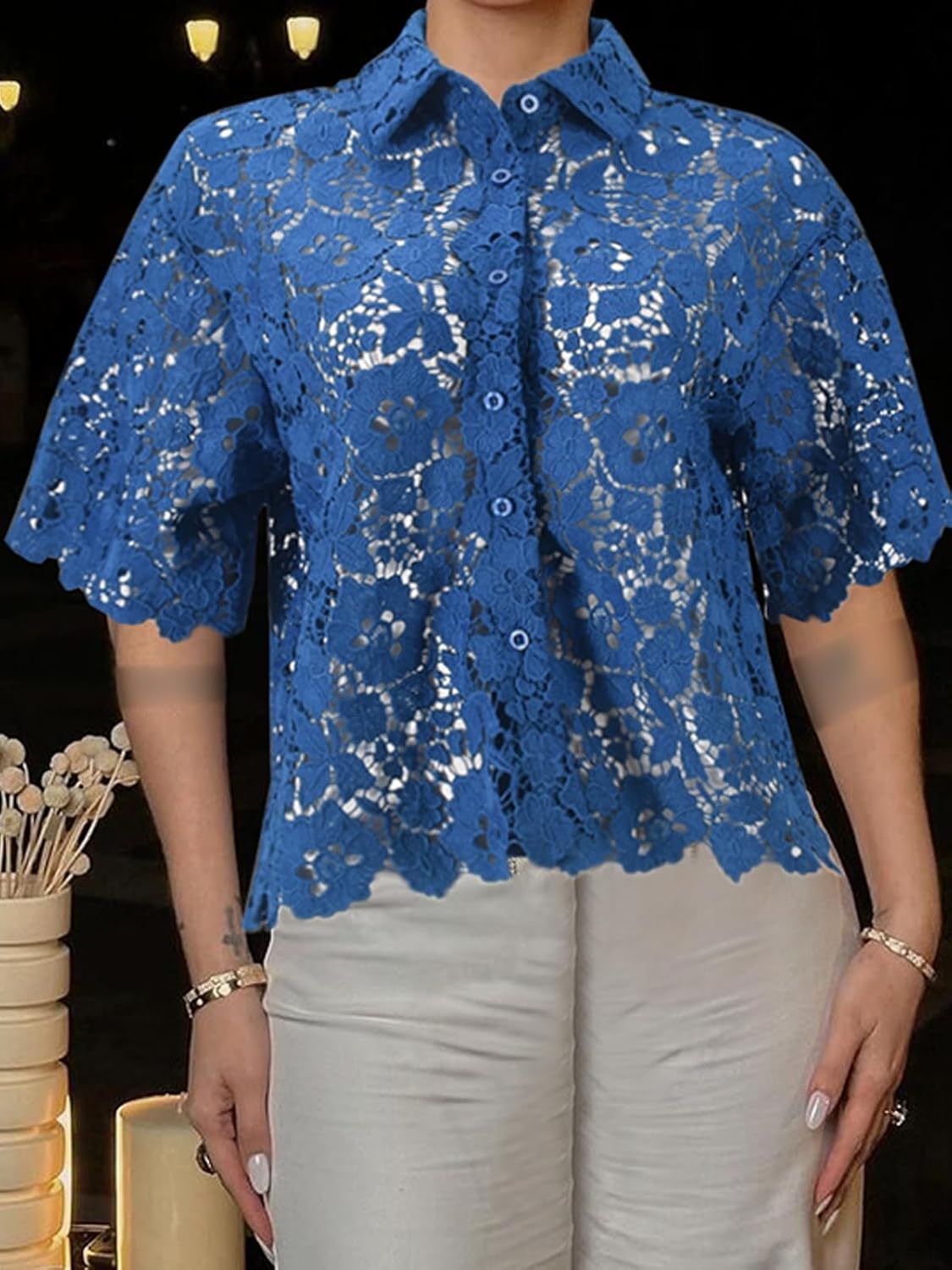 Women Lace Blouse Dressy Short Sleeves Fitted Shirts Casual Button Down Office Business Women’s Tops - Image 3