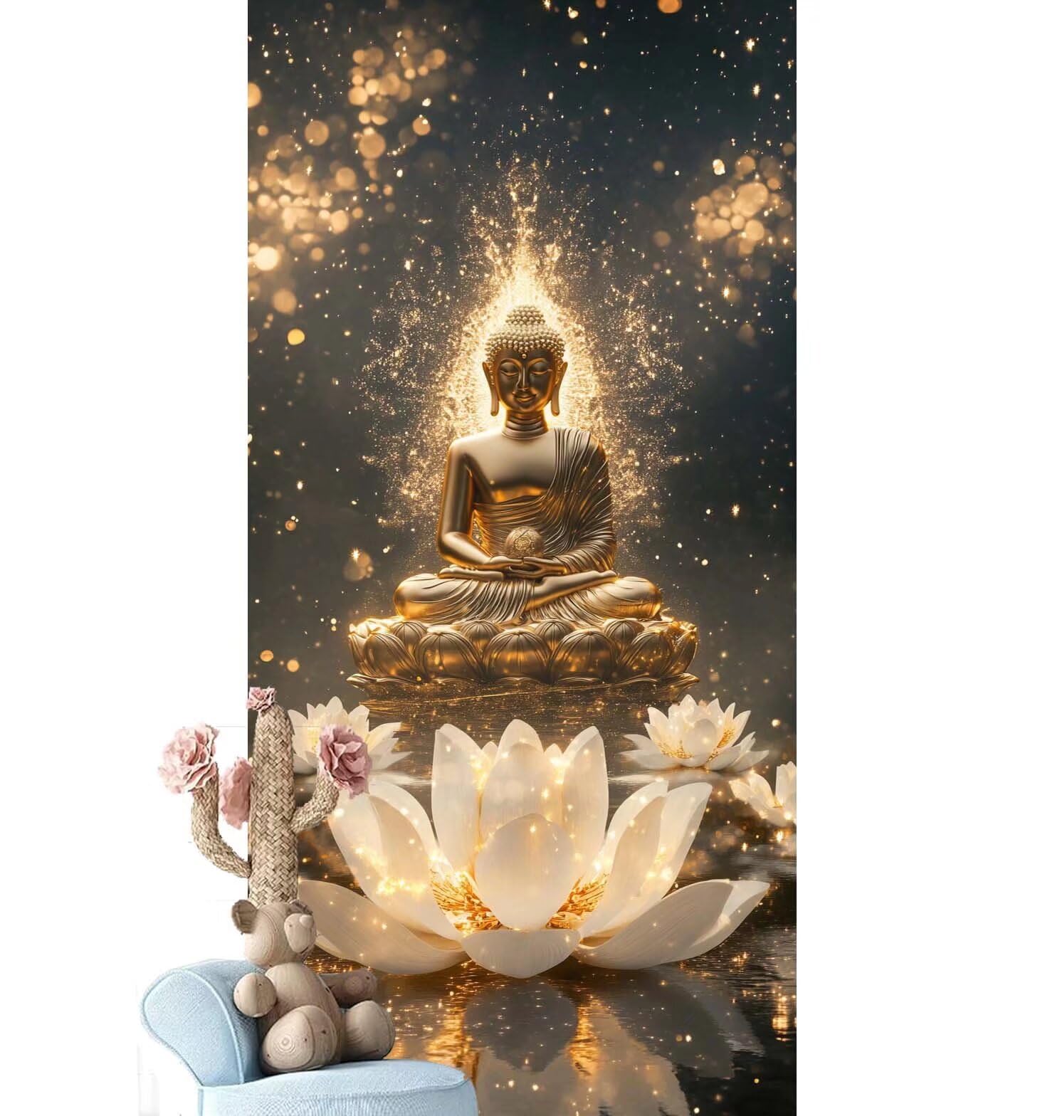 Dipingere con i Numeri per Adulti Bambini, Paint by Numbers con Pennelli Pittura a Pigmento Acrilico, Fai Da Te con Kit, Decora la casa Regalo (Senza Cornice)- Fiore di loto,Buddha 80x220cm V-879