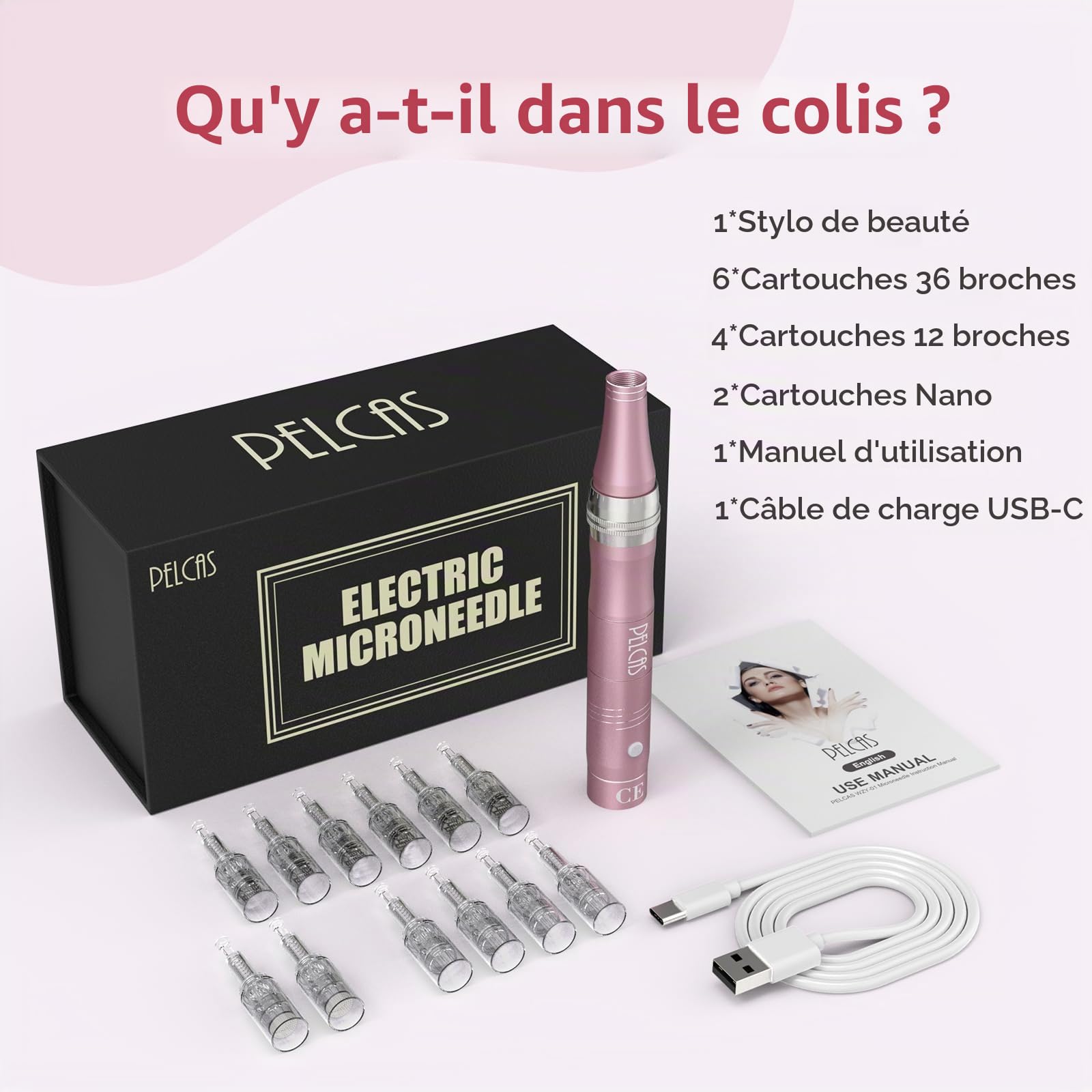 PELCAS Microneedling pour Visage, Stylo Beauté Microneedling avec 12 Cartouches & 3 Vitesses - Soin Visage/Cou/Contour des Yeux, Peau Éclatante