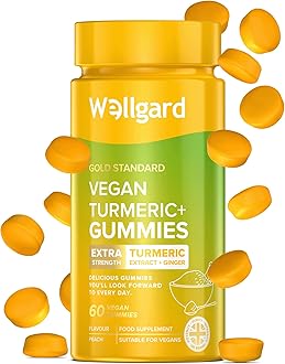 WellgardVegan High Strength Turmeric Gummies with Ginger – 1980MG Chewable Turmeric Gummies, Turmeric Curcumin Supplement, 60 Gummies, Peach Flavour