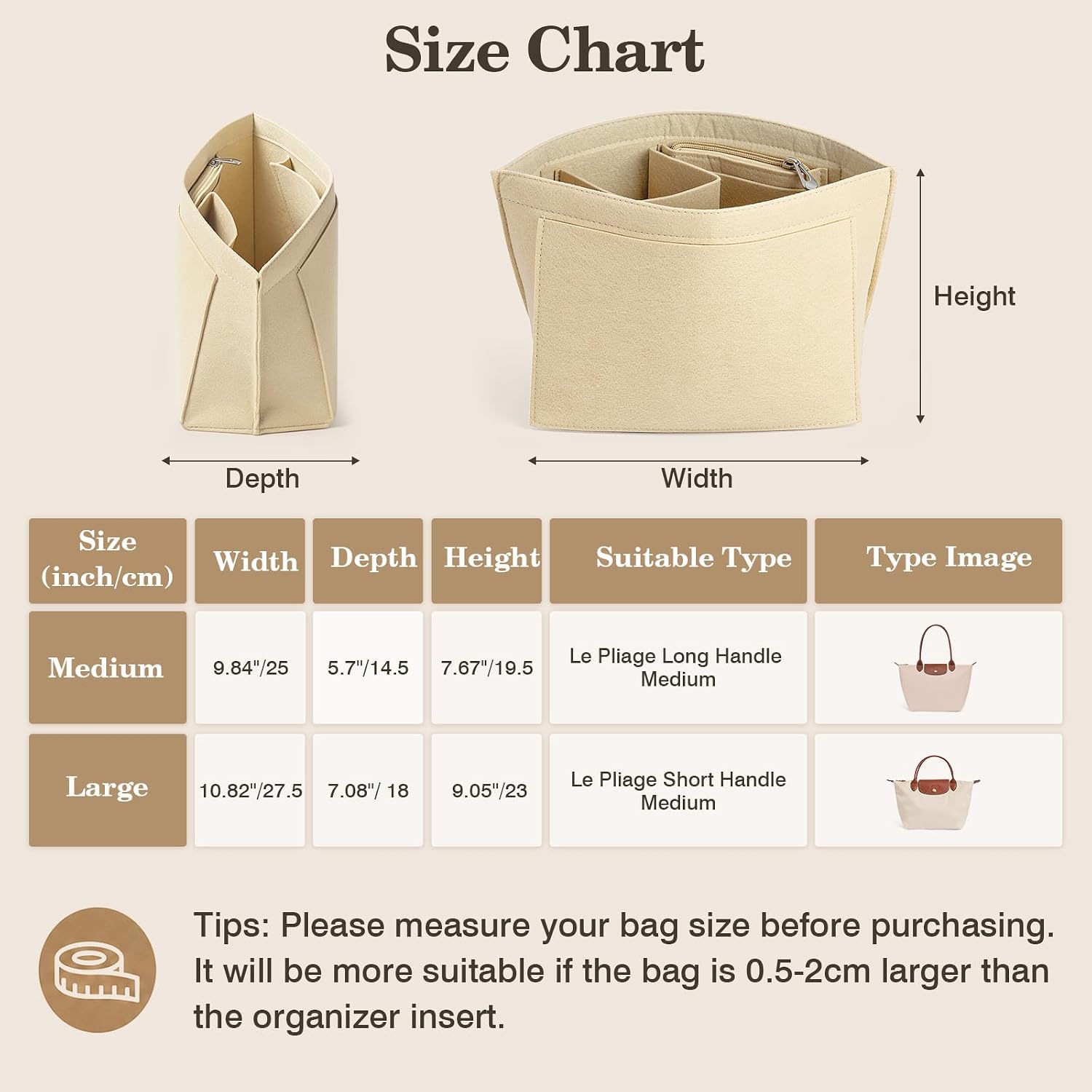 MoKo Organizer Insert Fits with Longchamp Medium Tote Bag image 2