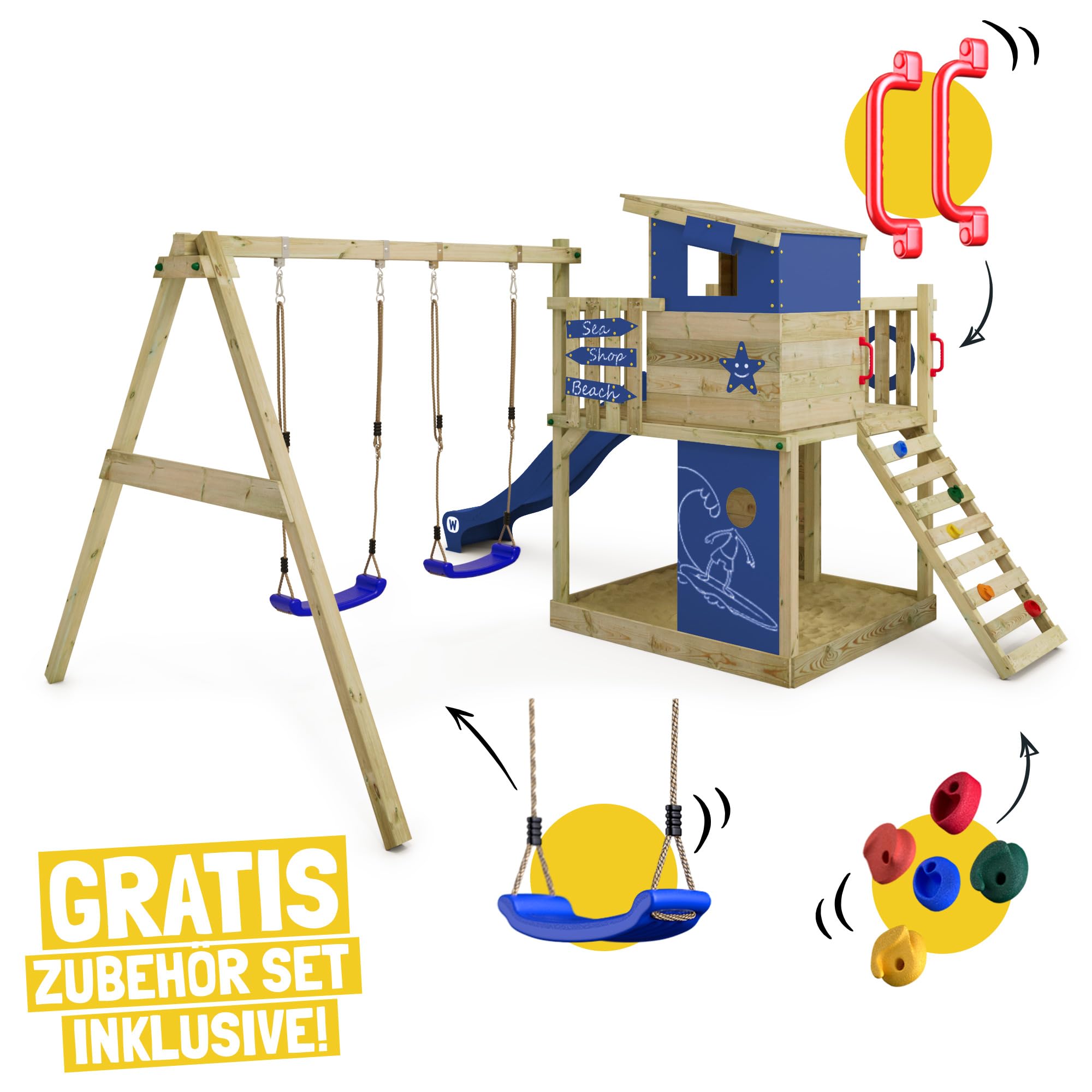 Wickey Spielturm Klettergerüst Smart Camp mit Schaukel & Blauer Rutsche, Outdoor Kinder Kletterturm mit Sandkasten, Leiter & Spiel-Zubehör für den Garten