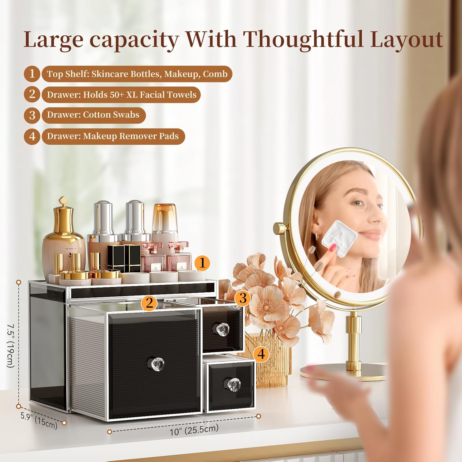 Multifunctional Face Towel Holder with 3 Drawers – Tempered Glass Cotton Pad & Swab Organizer – Disposable Face Towel Holder for Bathroom Vanity