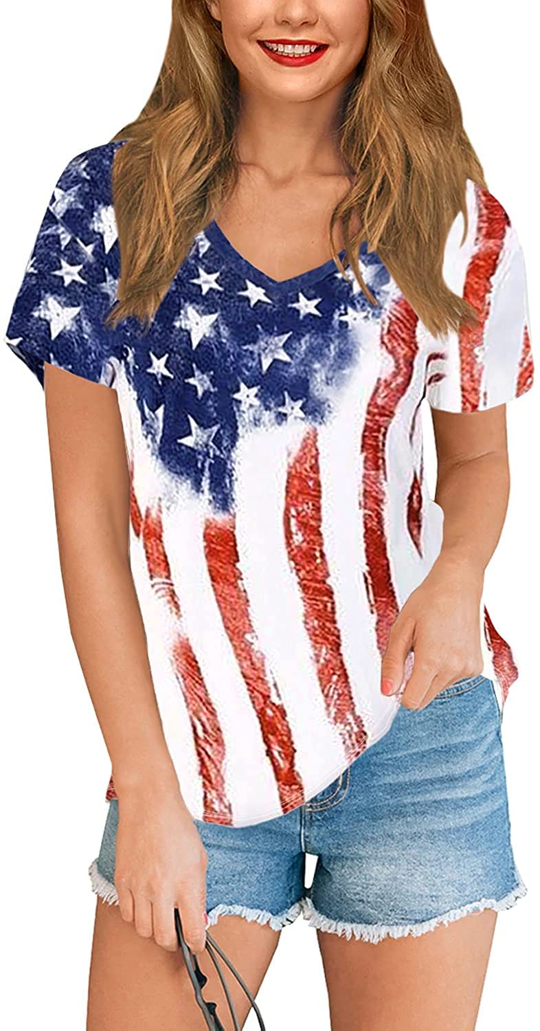 RETSUGOWomen's American Flag Shirts Tee 4th of July T Shirts Patriotic Short Sleeve Star Stripes USA Tee Tops
