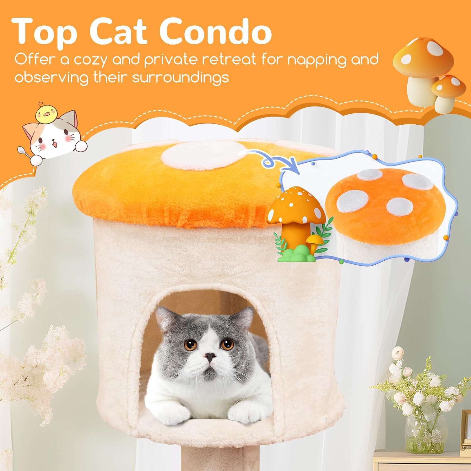 Tangkula Mushroom Cat Tree, 48 Inch Cute Cat Tower with Sisal Scratching Posts, Top Condo, Padded Platforms, Dangling Ball, Multi-Level Modern Cat Furniture, Activity Center for Indoor Cats