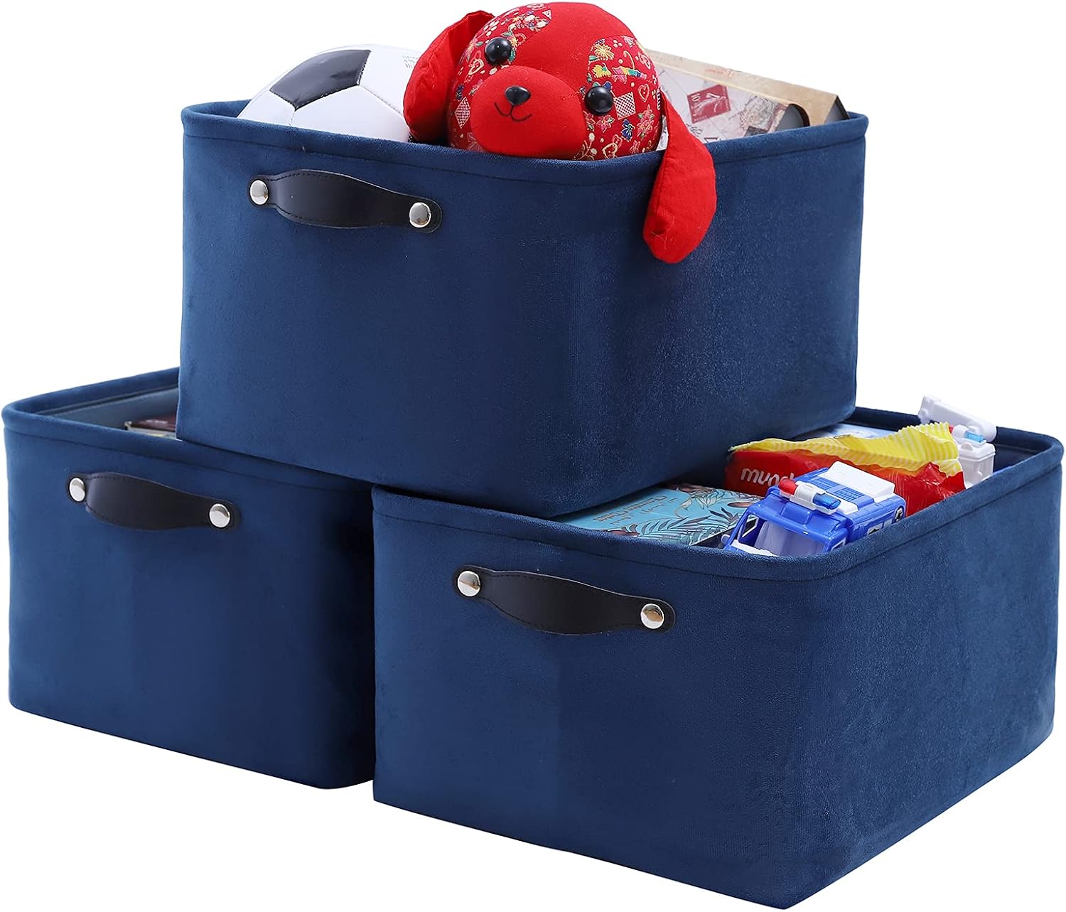 FENQDOOU Large Velvet Storage Bins, Open Storage Baskets with Leather Handles, Collapsible 3 Pack Storage Box Suitable for Home,Office,Nursery,Shelf,Closet 15.7x11.8x8.2inches(Blue)