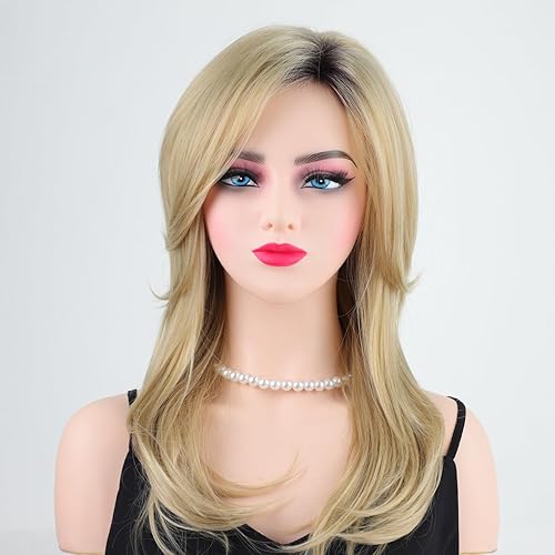 Miniatura 2 de RENERSHOW Peluca rubia ondulada de longitud media para mujer, peluca sintética rubia ombré, cabello natural mezclado en capas