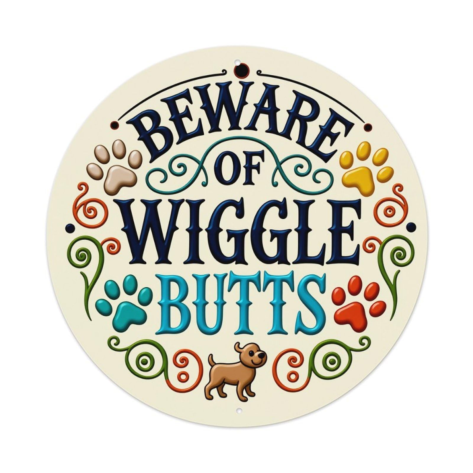 Beware Of Wiggle Butts Dog Paw Prints Round Tin Sign Vintage Style Metal Sign Home Bar Garden Wall Plaque Decor Metal Poster 8x8 Inch