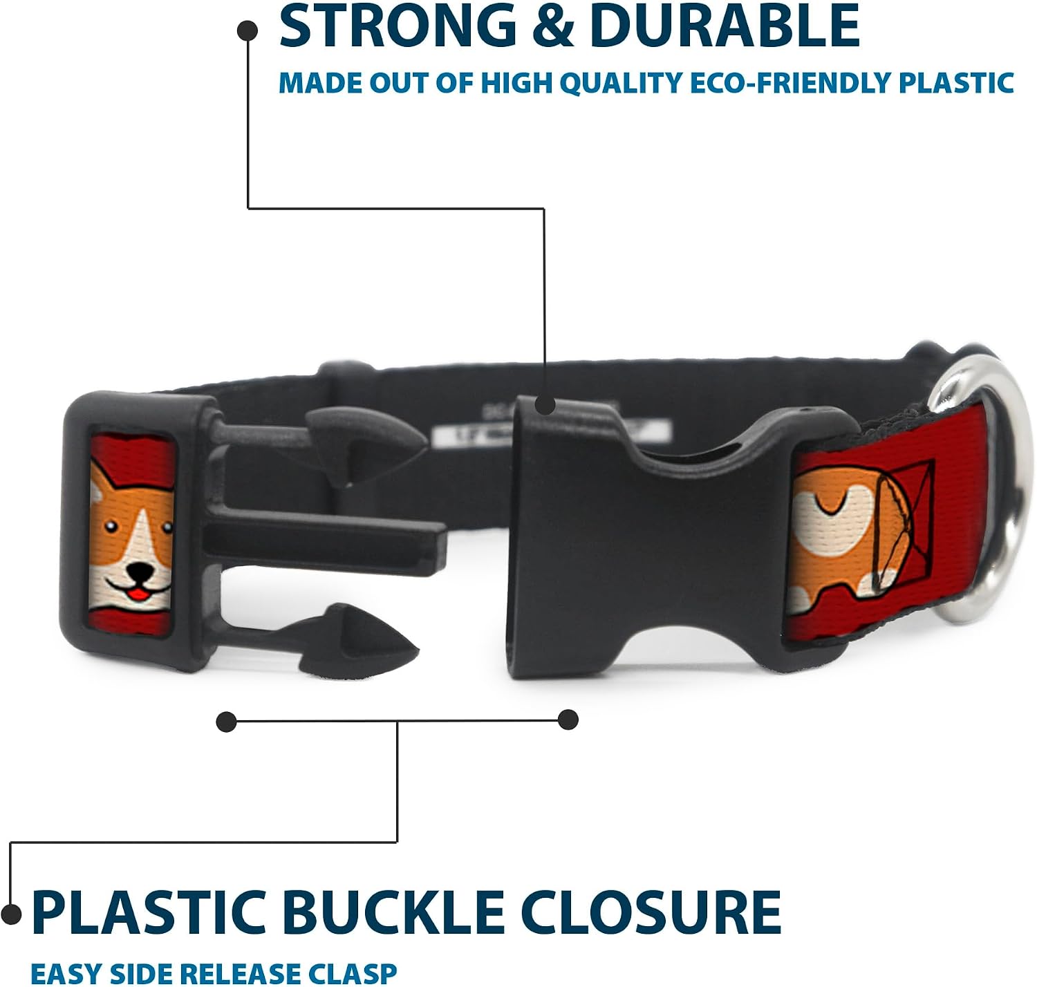 Buckle-Down Plastic Clip Collar - Corgi Face/Rump Red - 1.5" Wide - Fits 16-23" Neck - Medium