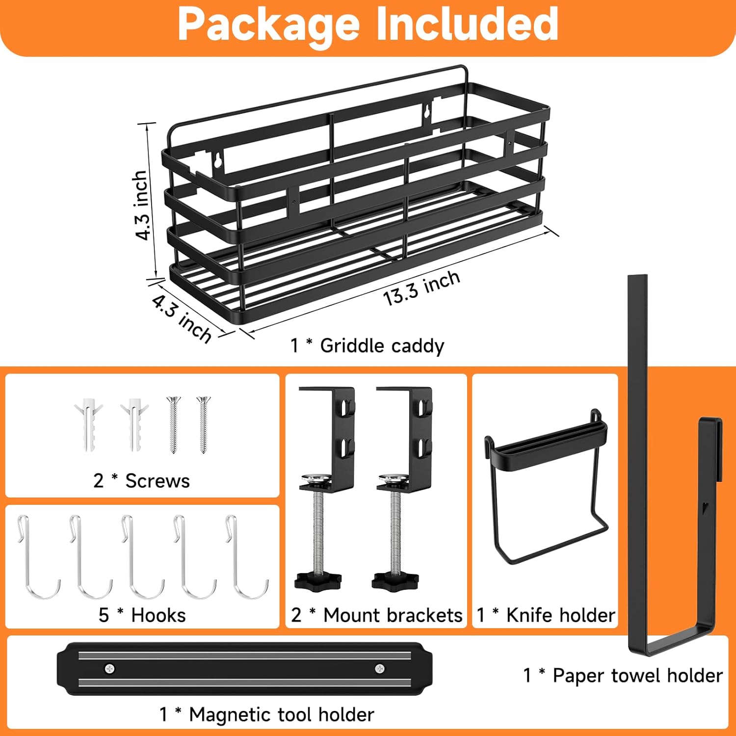 No Drilling Griddle Caddy for Blackstone Griddles, Griddle Accessories With Paper Towel Holder & Knife Holder & J-Hooks, BBQ Grill Accessories for Blackstone 17"/22"/28"/36" Griddles