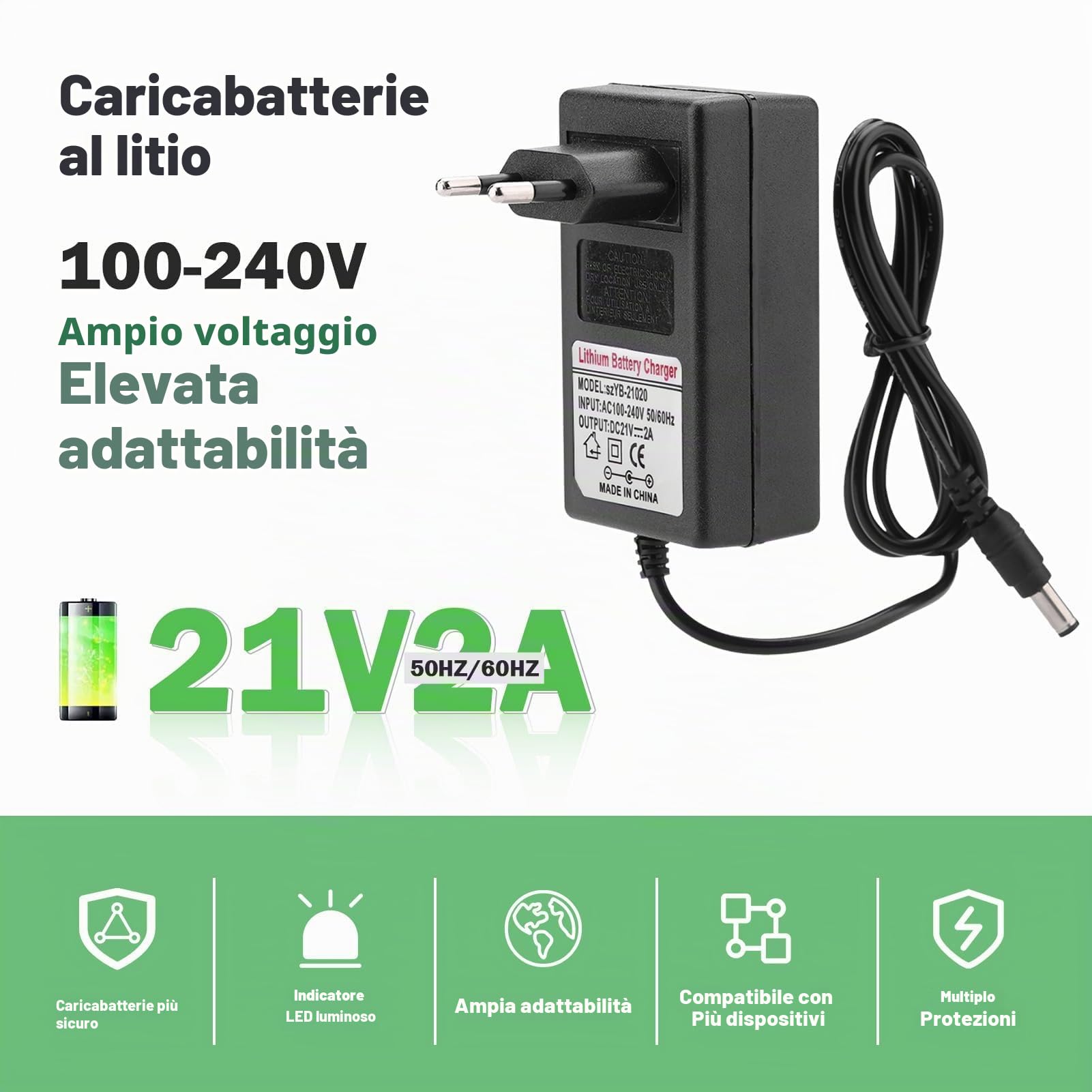 Adattatore di alimentazione a batteria agli ioni di litio, adattatore di alimentazione di ricarica di ricambio CA 100-240 V CC 21 V 2 A, caricatore adattatore professionale di protezione(EU)