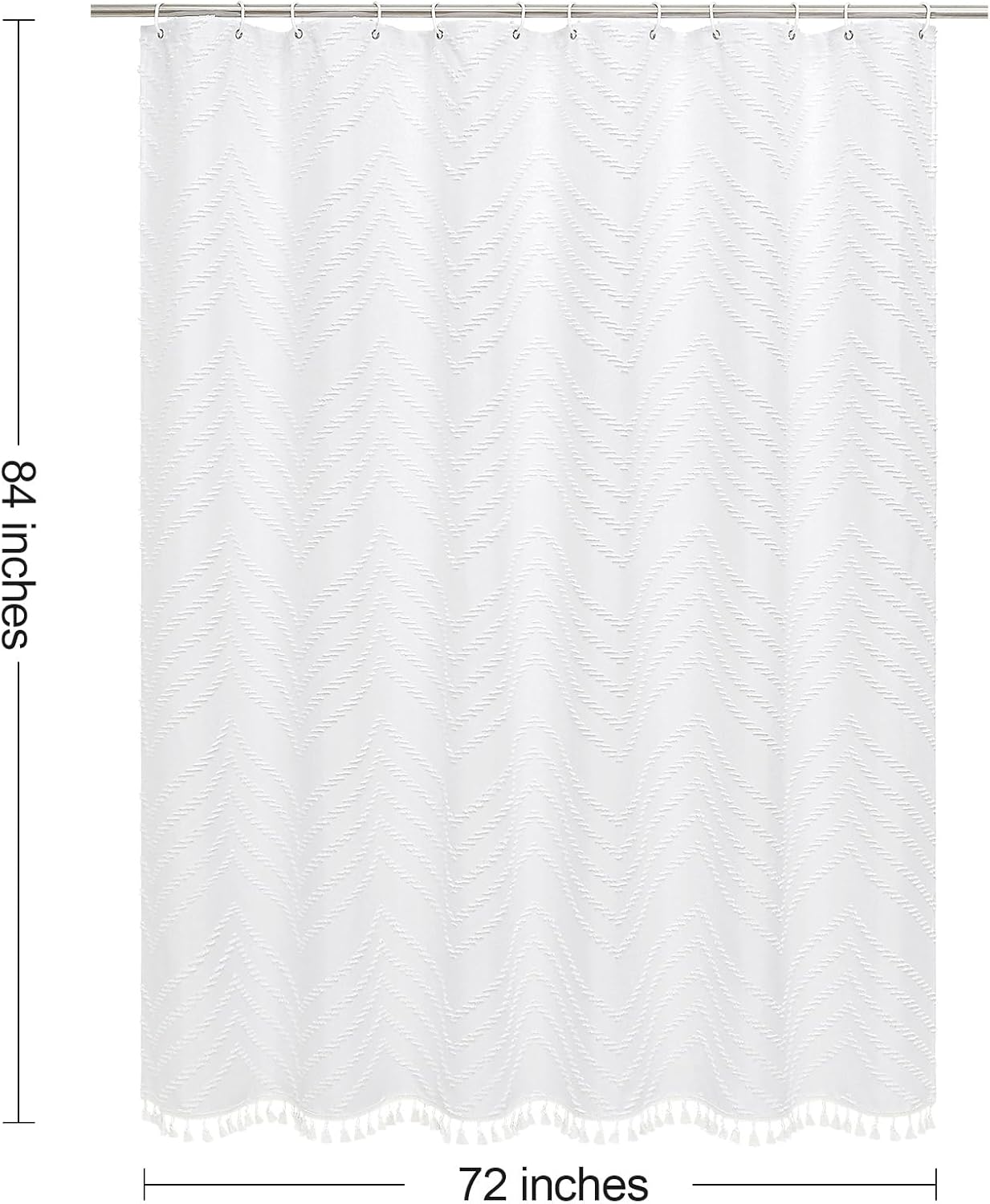 Extra Long White Shower Curtain 72 x 84 Inches, Boho Tufted Chevron Striped Fabric with Chic Textured Design, Modern Farmhouse Waterproof Bathroom Shower Curtain