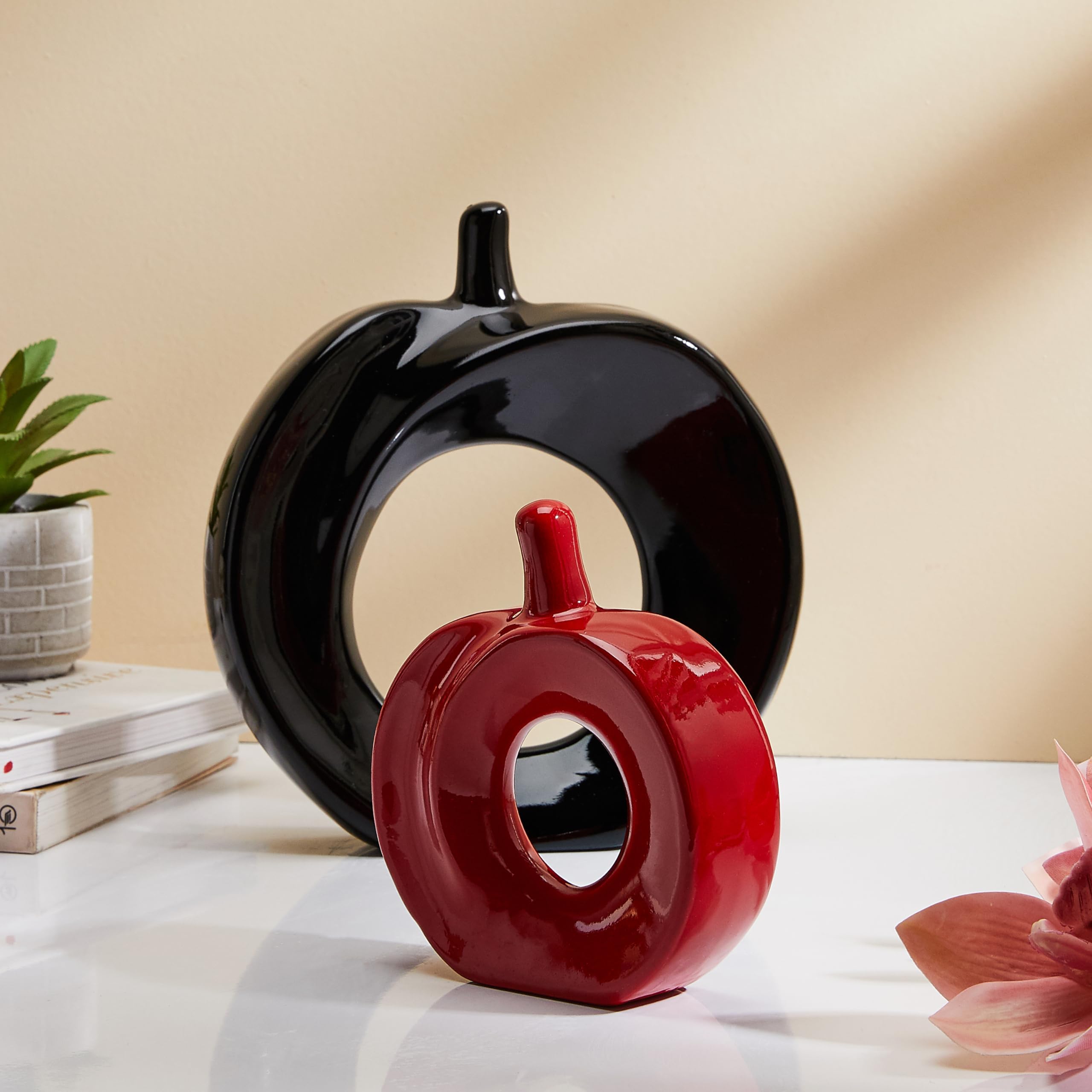 Beautiful Apple Shape Ceramic Home Decor Showpiece (Pack of 2, Black & Red)