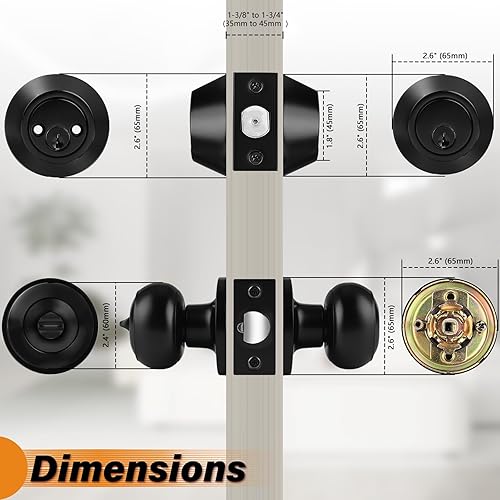 Miniatura 4 de Probrico Juego de cerradura de perilla de puerta de entrada y cerrojo de doble cilindro, negro plano (paquete de 3) con llave igual