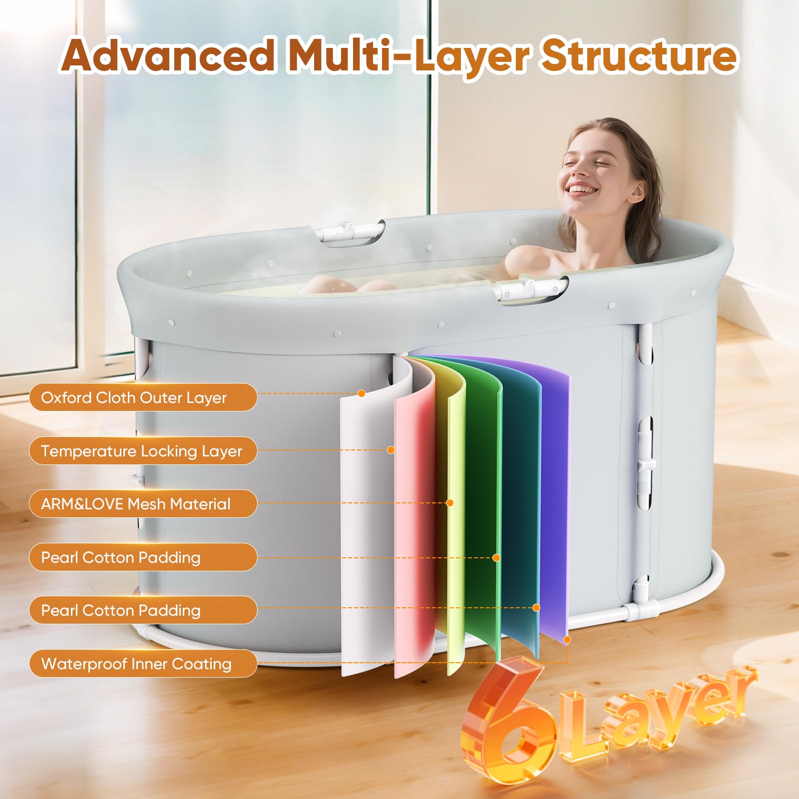 Bañera plegable para ducha, bañera independiente para baño caliente y helado, bañera de hielo portátil para adultos (ovalada)