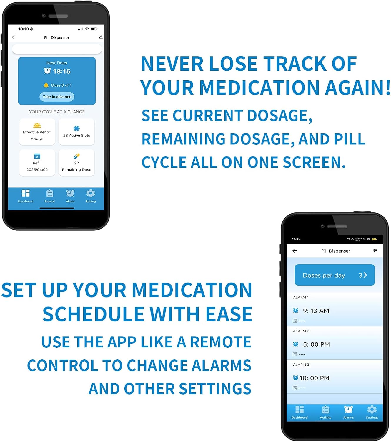 EziMedPil SmartLife App interface for setting alarms