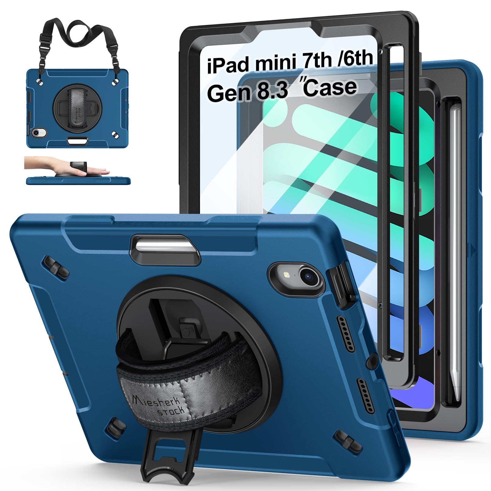 Etui na iPada Mini 6 2021: klasa wojskowa, odporna na wstrząsy obudowa ochronna z TPU dla dzieci, iPad Mini 6. generacji, 8,3 cala, ze stojakiem, uchwytem + paskiem na ramię + uchwyt na ołówek -