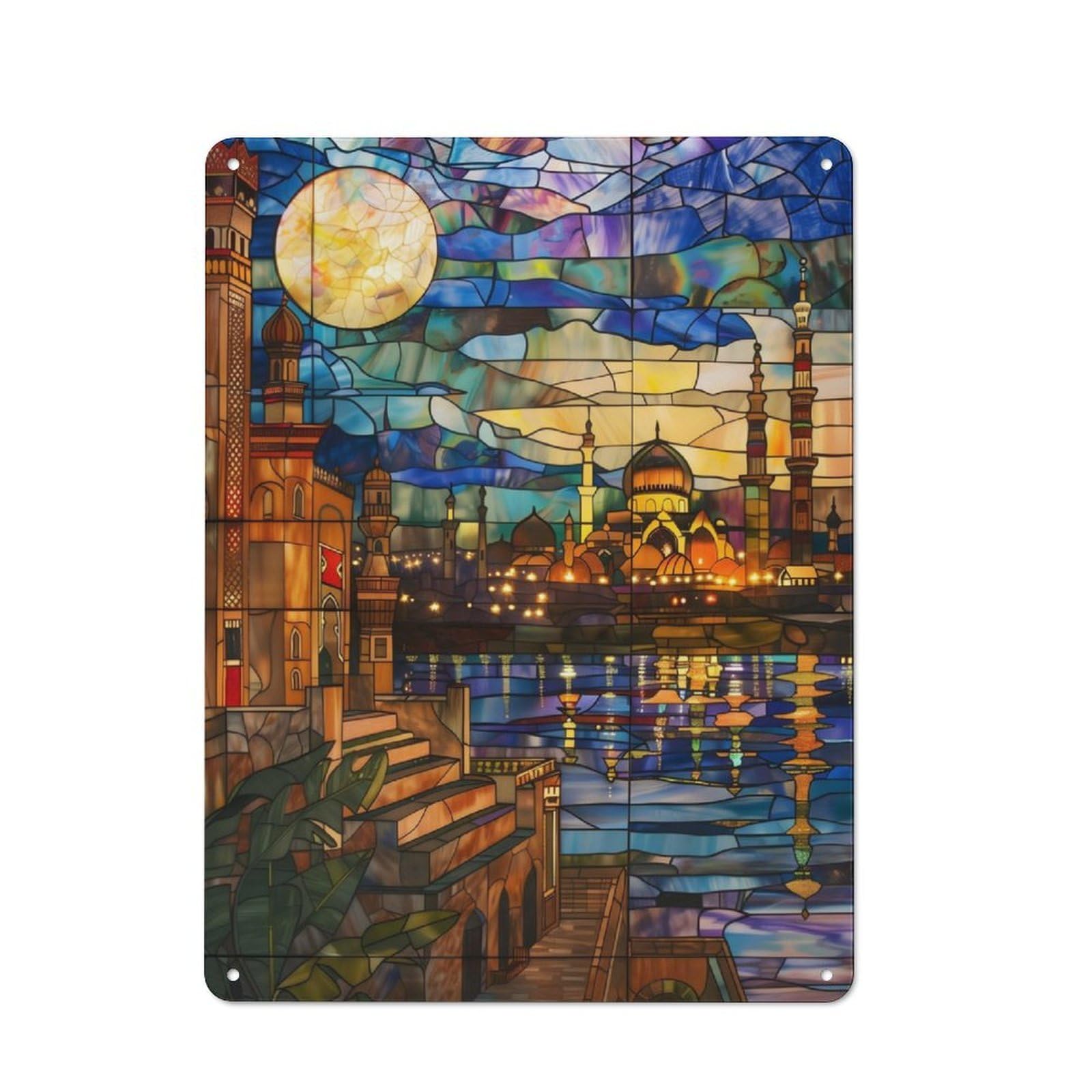 Junmoney Moonlit Cairo Reflection Vintage Tin Sign With Design 40X30cm, Nostalgic Nostalgic Wall Art For Living Room, Hallway, Kitchen Or Cafe