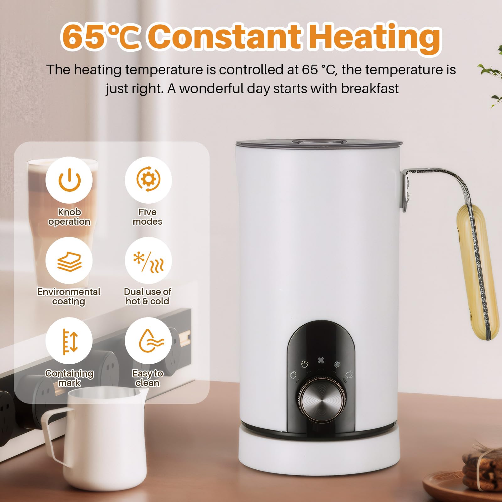 LiveGo Espumador de leche eléctrico 5 en 1, espumador automático de leche de 350 ml, vaporizador de leche dividido, funcionamiento silencioso, calentador y calentador de leche caliente y fría (blanco)