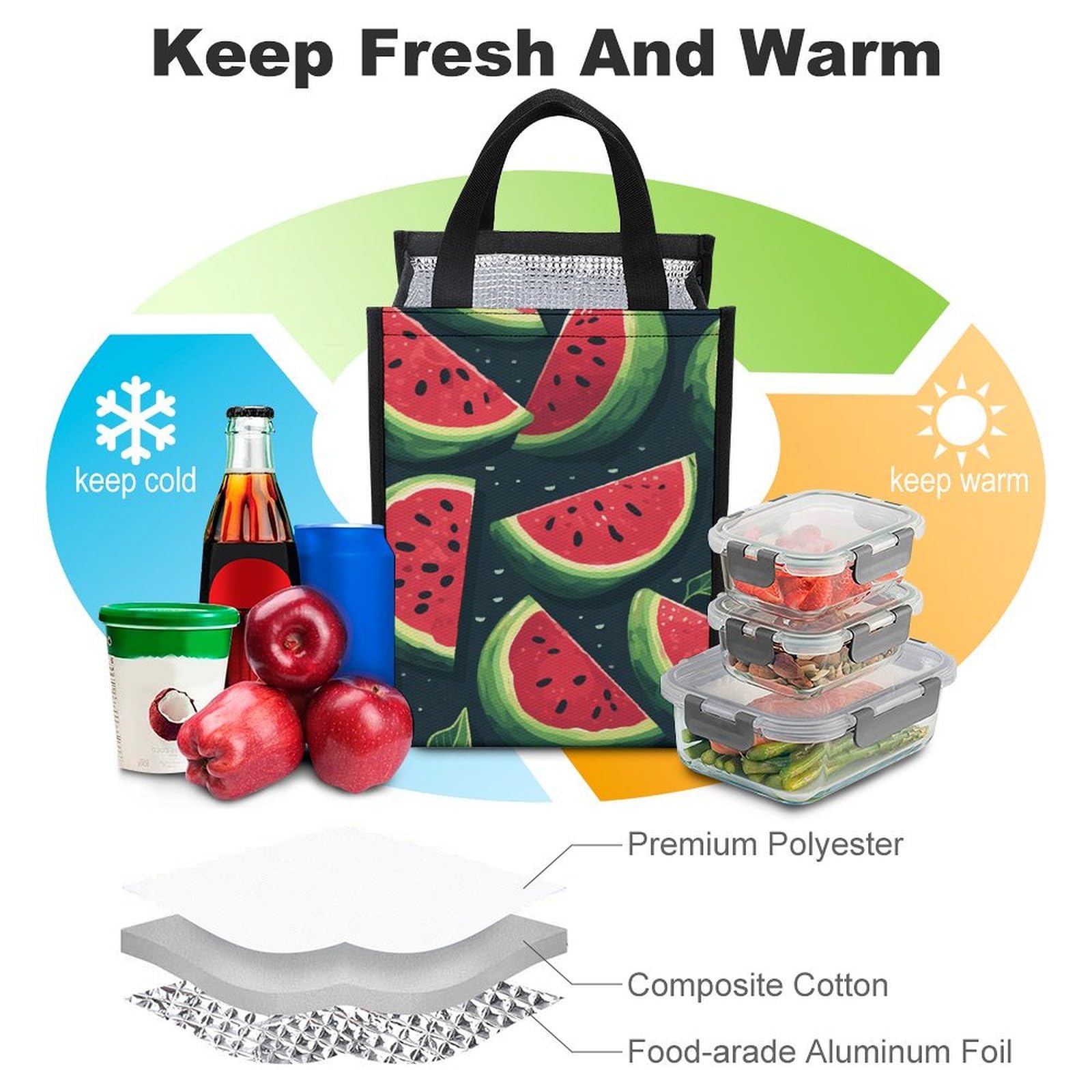 Insulated Lunch Bag For Women & Men - Waterproof, Collapsible, Large Capacity Tote (Watermelon Red)