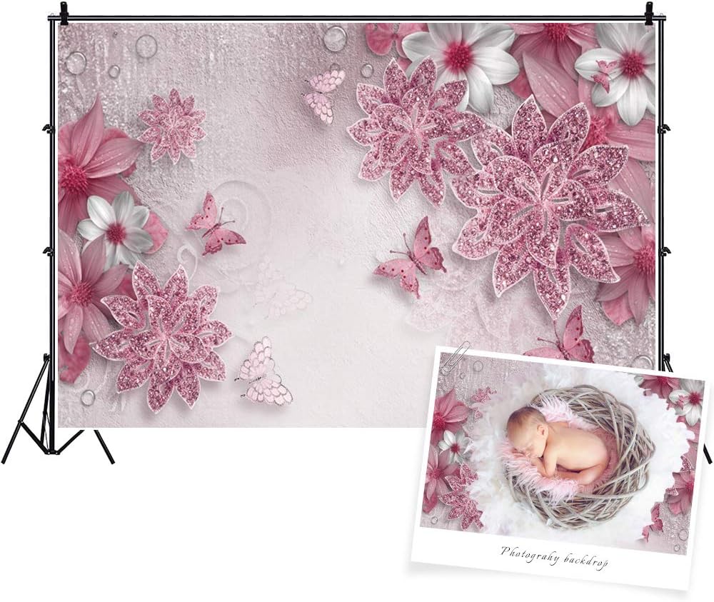 Baocicco 7x5ft Spring Flowers Backdrop White Flowers Water Drops Butterflies Pink Floral Decor Photography Background Wallpaper Decor Girl's Birthday Party Wedding Girls Portrait Studio Prop