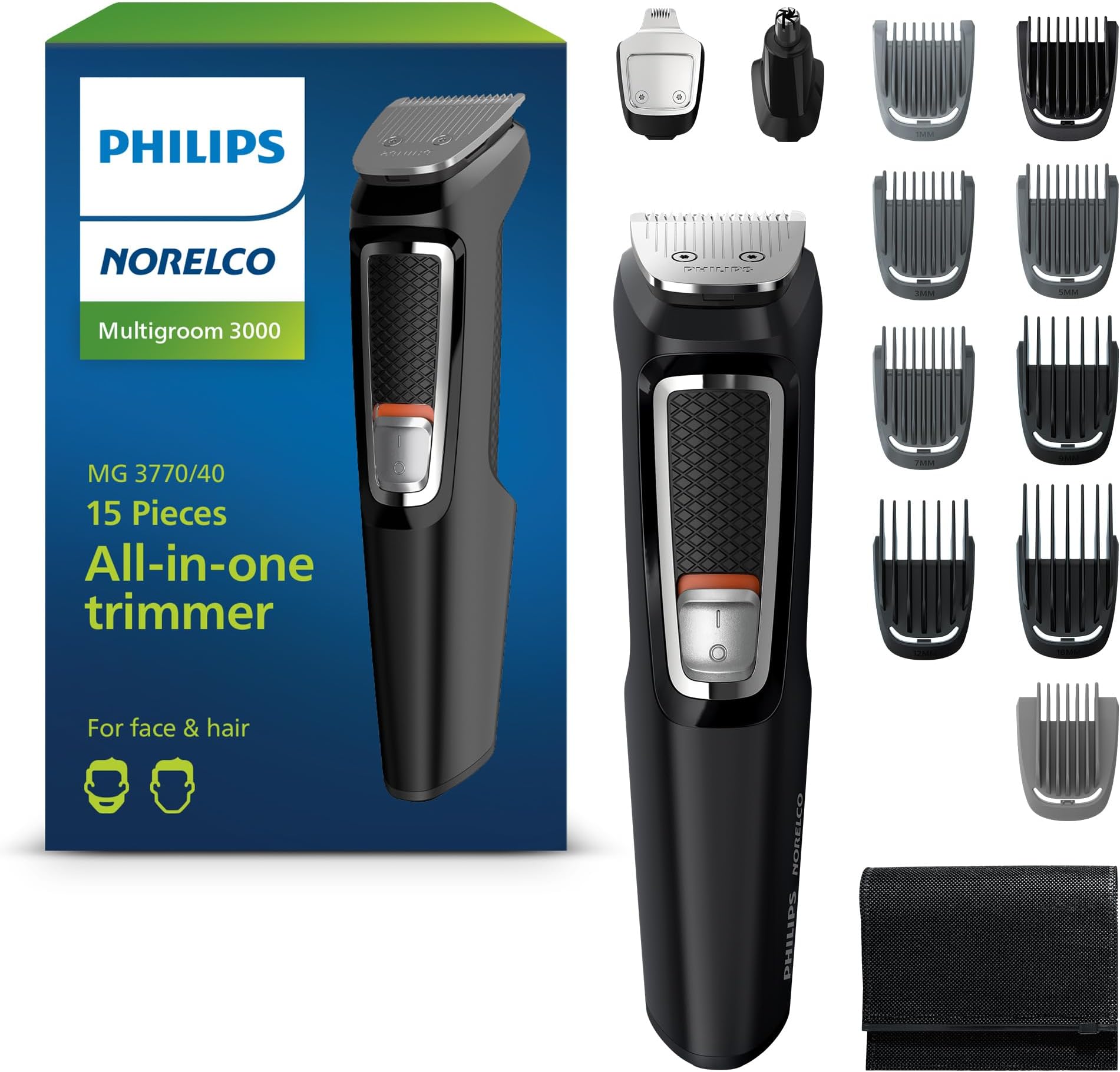 Norelco Philips Multigroom 3000 Series, All-in-One Shaver, Beard Trimmer and Hair Clipper, 15-Piece Men's Grooming Kit for Beard, Face, Nose, Ears, Head, No Blade Oil Needed, Storage Pouch, MG3770/40