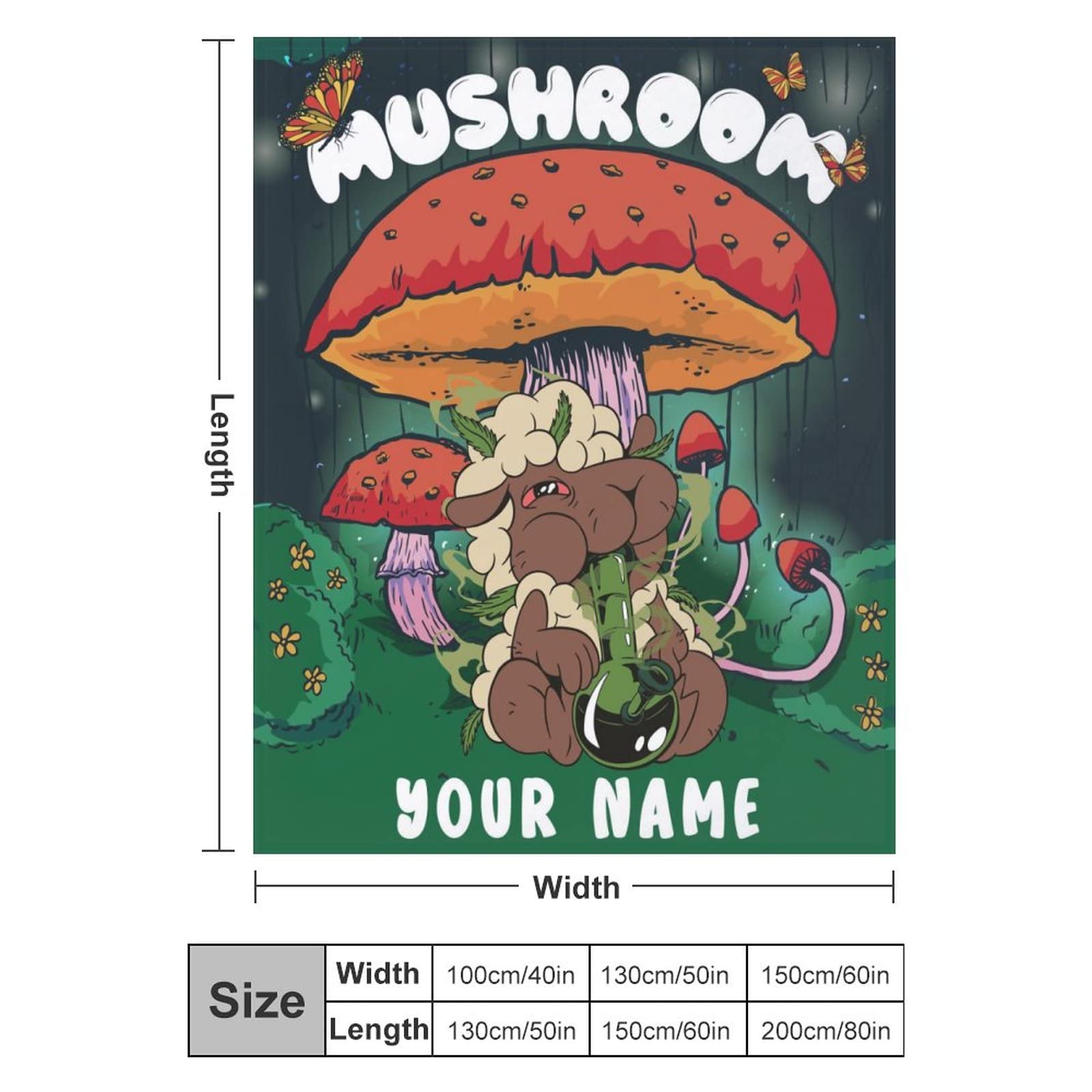 Custom Mushroom Cannabis Weed Throw Blanket with Name - 80x60 Inches Twin Size Blanket for Women, Men - Soft Plush Blankets for Bed, Couch, Sofa - Black Fuzzy Throws Gifts