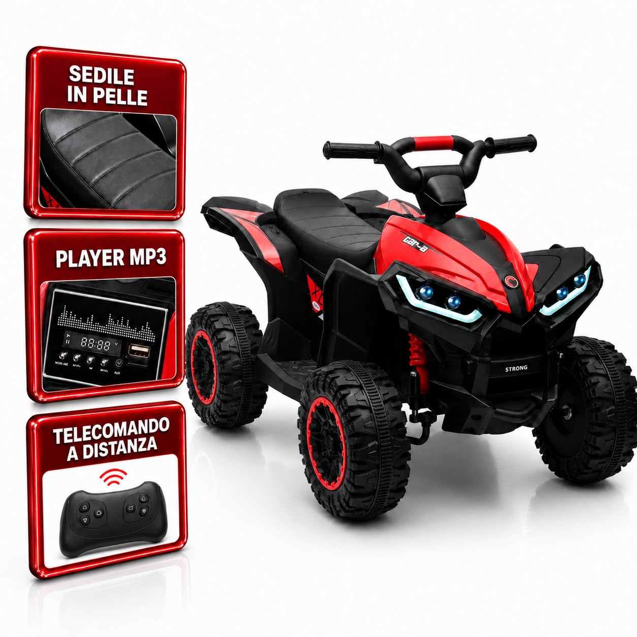 TOYSCAR Quad Elettrico per Bambini 12V Falcon X, Quad Bambini 3-5 Anni, 2 Motori 35W, Telecomando, Sedile in Pelle, Fari LED, MP3 USB, Ruote off-Road (Rossa)