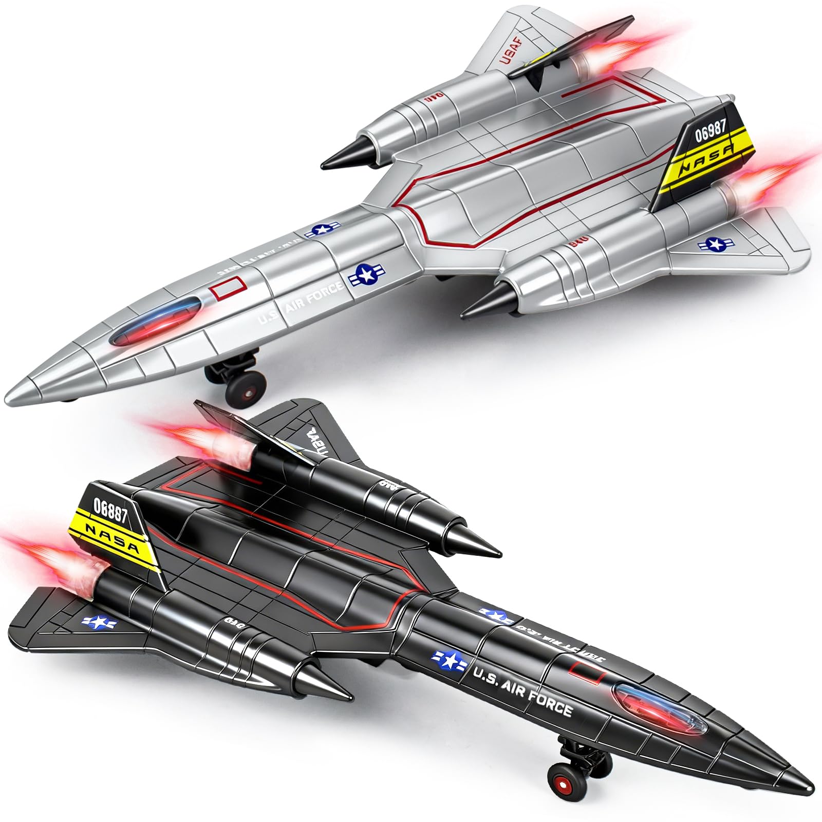 Ynybusi 2 Pack Diecast Metal Planes Toys, Pull Back Military Airplanes with Lights & Sounds