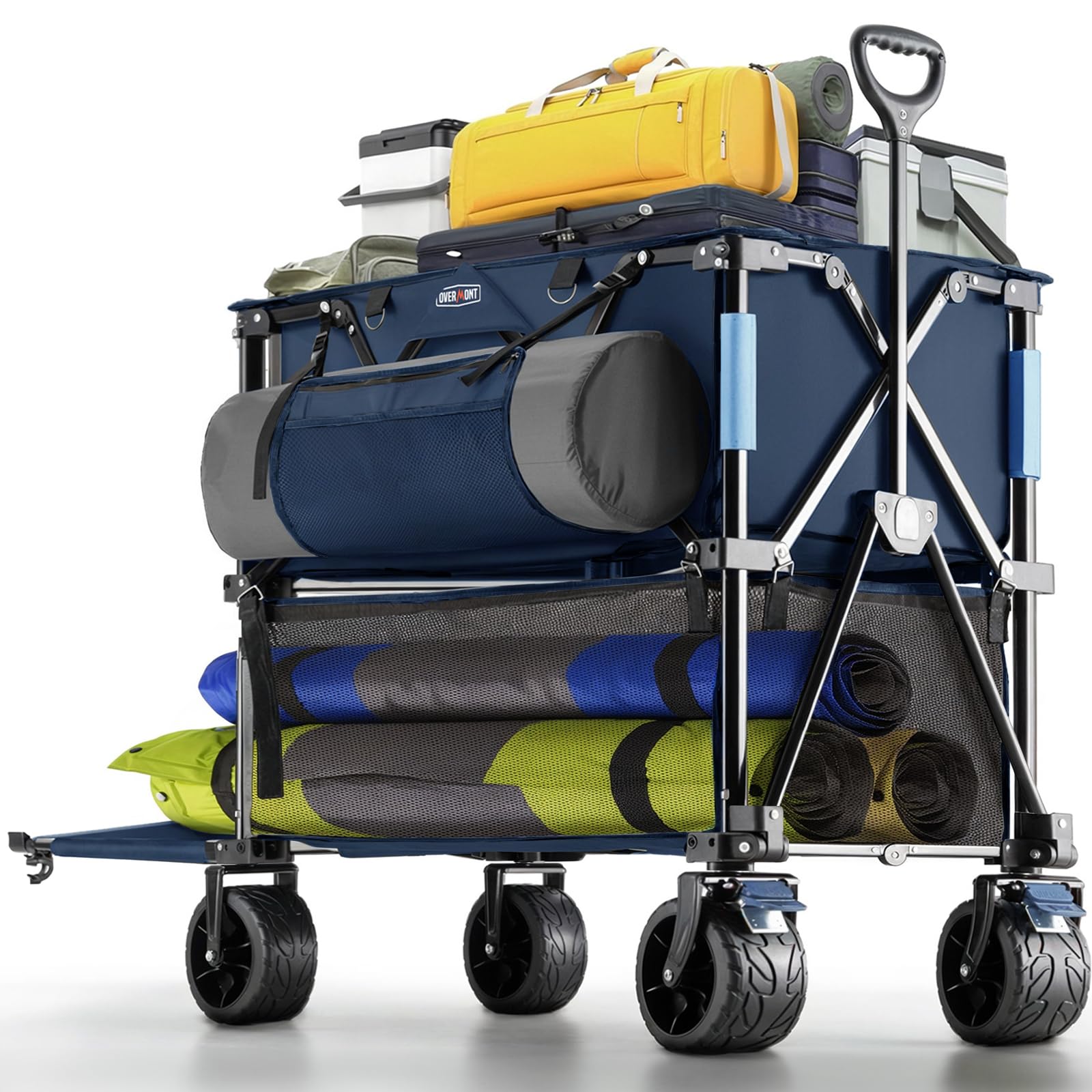 Overmont 400L Foldable Double Decker Wagon - Large Capacity Collapsible Wagon Cart- 47" Extra Long Extender - All-Terrain Big Wheels for Beach Sports