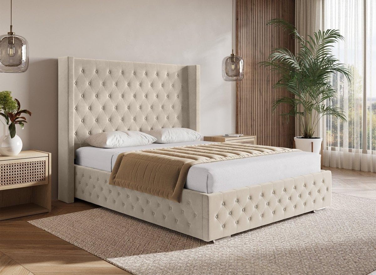 DecoInParis Lit Coffre en Velours Beige 140X190 cm Perla