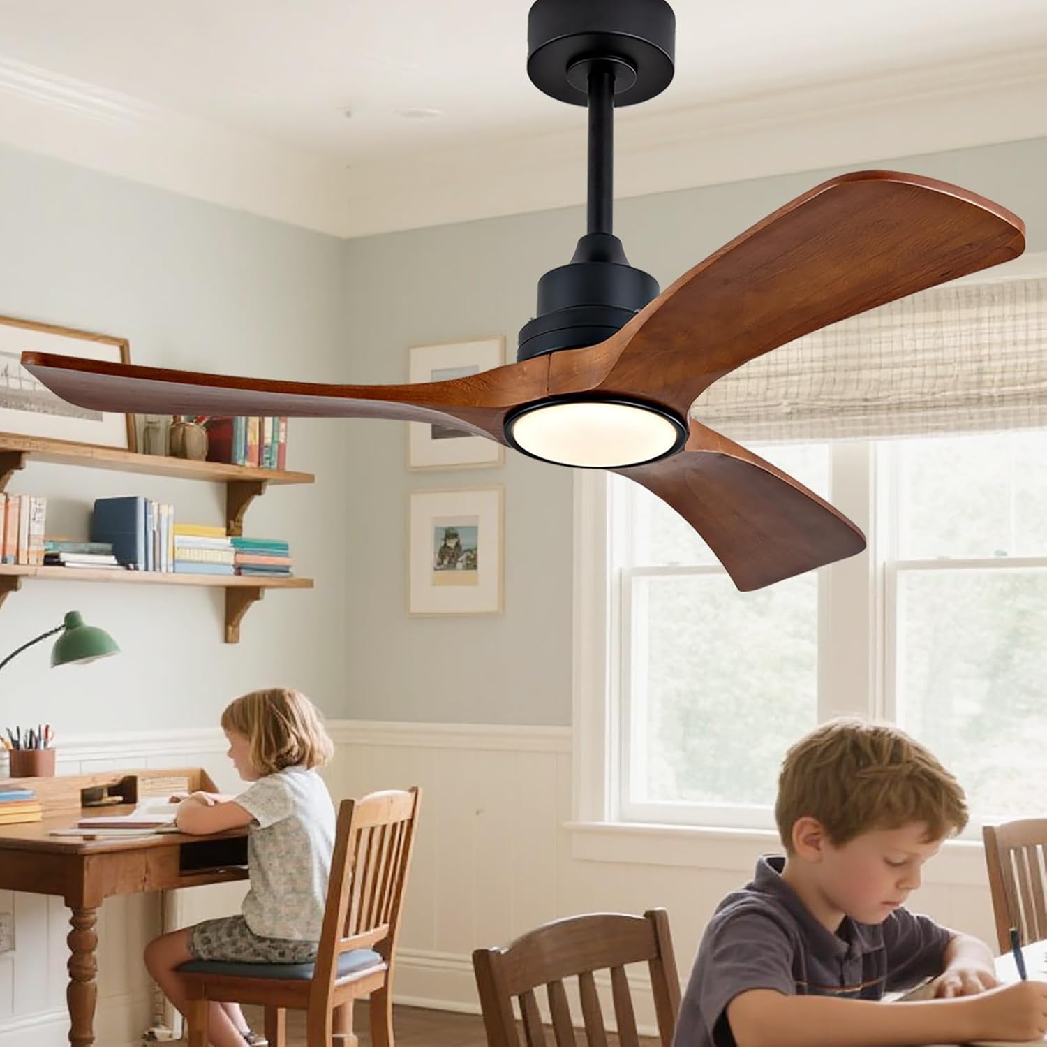 42 inch Ceiling Fan with Light and Remote Control, 3 Blades Ceiling Fans with Lights, Walnut Wooden Ceiling Fans for Kids Room Study and Garage,Reversible DC Motor,Noiseless Indoor Outdoor Fan Black Walnut + Downrod Mount 42 inch