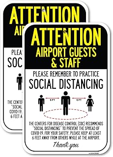 (2 Pack) Attention Airport Guests & Staff Practice Social Distancing | 18-Inch x 24-Inch Aluminum Parking Sign | Heavy Gauge, Rust Free Metal, Weatherproof, UV Protected & Fade Resistant