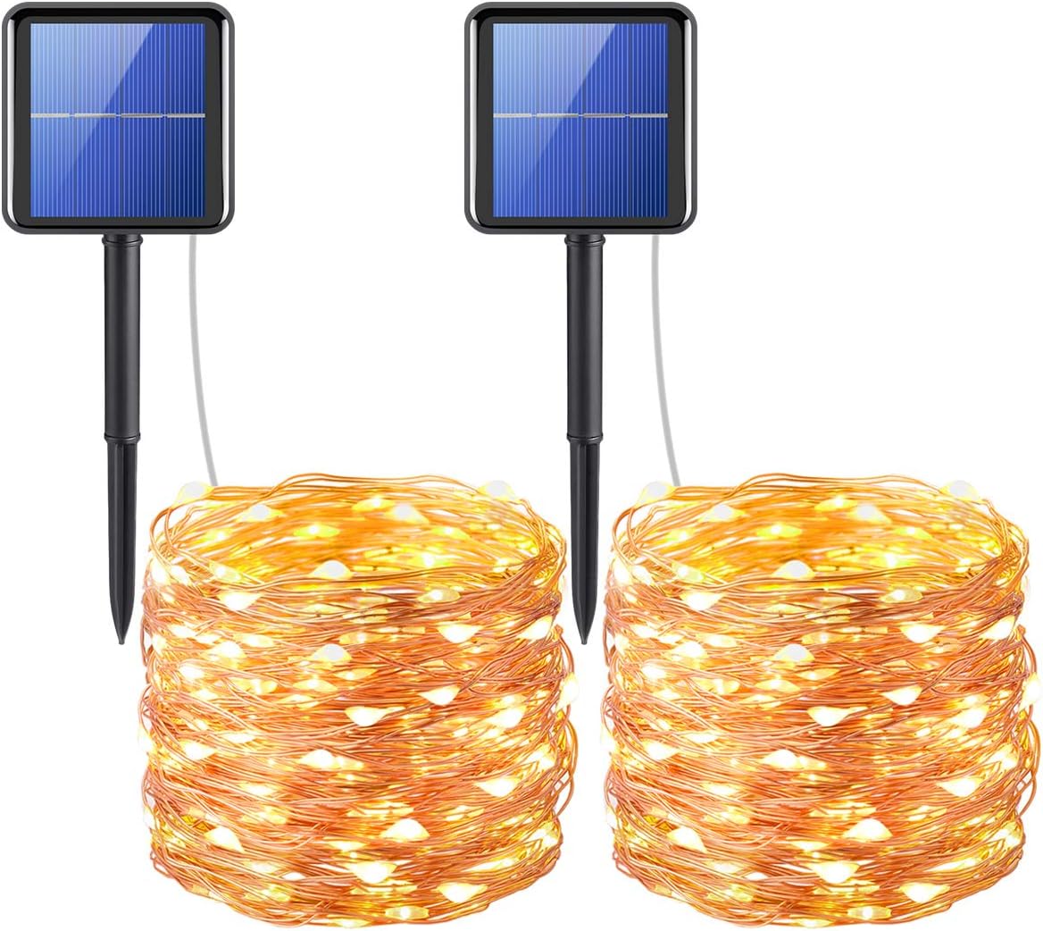 Criacr Solar Christmas Lights, (200 LED, 8 Modes) Solar Garden Lights, 72 ft/20m Solar String Lights, Indoor/Outdoor Solar Lights for Christmas, Patio, Garden, Party, Wedding (Warm White - Pack of 2)