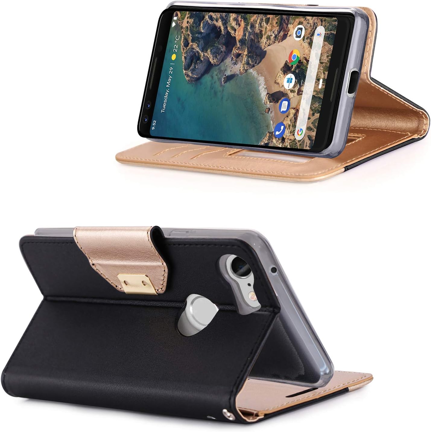 ProCase Wallet Case for Google Pixel 3, Flip Kickstand Case with Card Slots Mirror Wristlet, Folding Stand Protective Cover for Google Pixel 3 (2018 Release) -Black