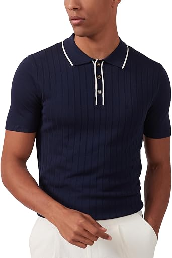 Kallspin Mens Vintage Knitted Polo Shirt Short Sleeve Solid Collared Golf Shirts with Button