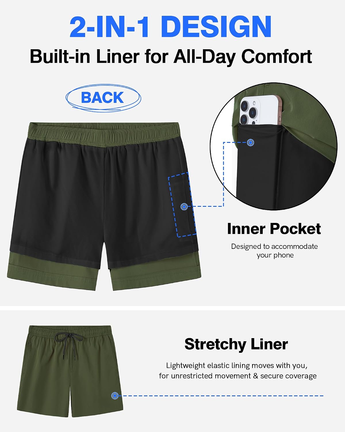Ntrlv Men's 2 in 1 Running Shorts 5" Lightweight Quick Dry Athletic Workout Shorts with Liner and Pockets for Gym Training