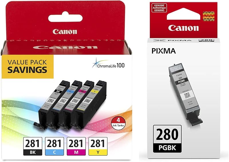 Canon CLI-281 BKCMY Tanque de tinta de 4 colores Paquete de valor (2091C005) PGI-280 Pigmento Tanque de tinta negro (2075C001)